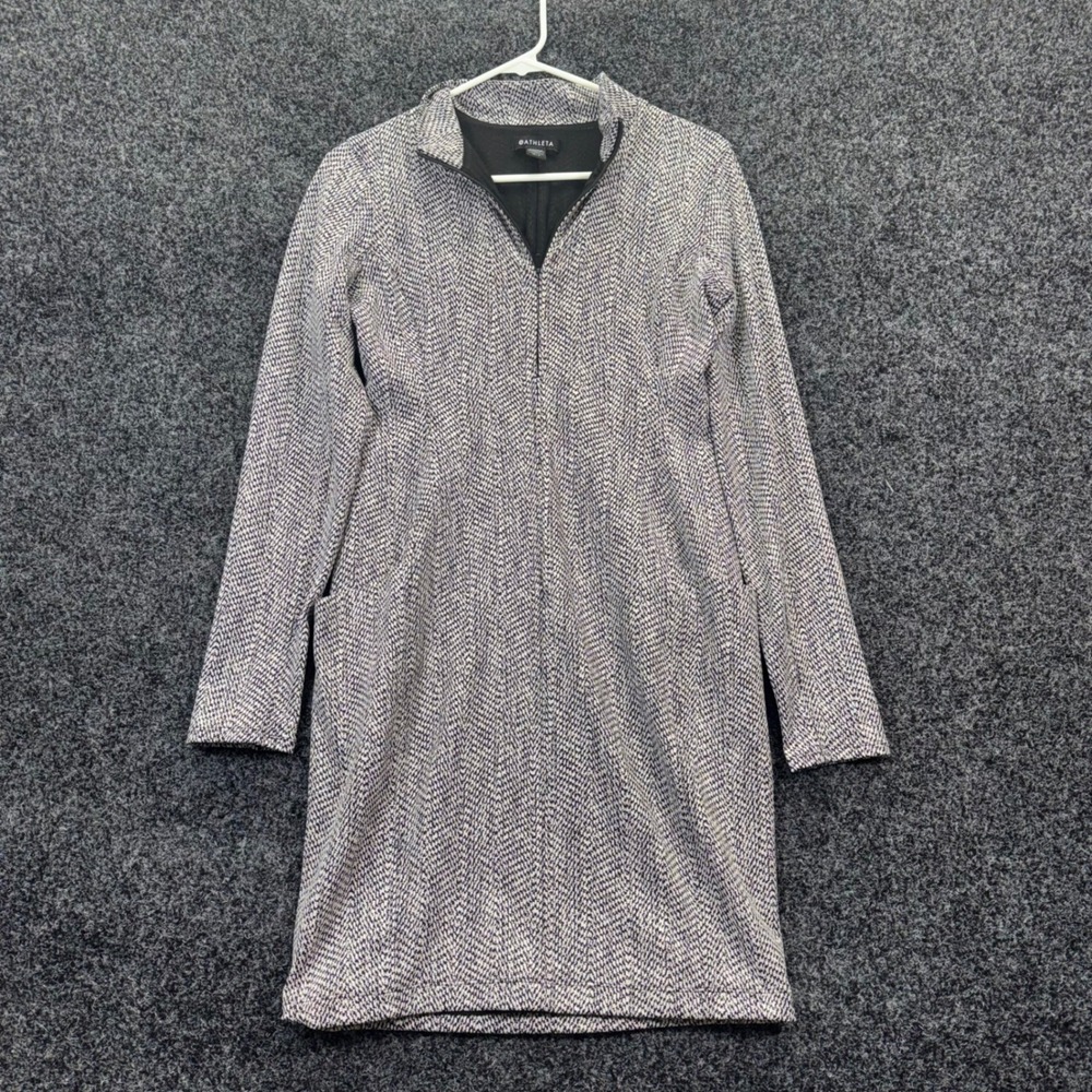 Athleta Black White Herringbone Zip Mock Neck Long Sleeve Dress Pockets Medium P